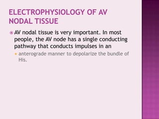  AV

nodal tissue is very important. In most
people, the AV node has a single conducting
pathway that conducts impulses in an


anterograde manner to depolarize the bundle of
His.

 