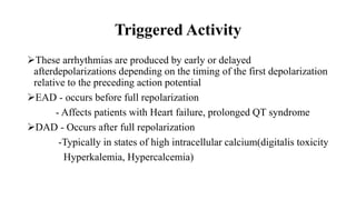 Triggered Activity
These arrhythmias are produced by early or delayed
afterdepolarizations depending on the timing of the first depolarization
relative to the preceding action potential
EAD - occurs before full repolarization
- Affects patients with Heart failure, prolonged QT syndrome
DAD - Occurs after full repolarization
-Typically in states of high intracellular calcium(digitalis toxicity
Hyperkalemia, Hypercalcemia)
 