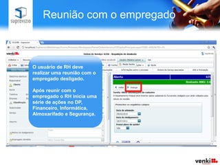 Reunião com o empregado



O usuário de RH deve
realizar uma reunião com o
empregado desligado.

Após reunir com o
empregado o RH inicia uma
série de ações no DP,
Financeiro, Informática,
Almoxarifado e Segurança.
 