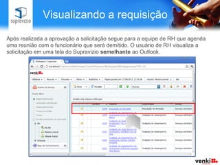 Visualizando a requisição

Após realizada a aprovação a solicitação segue para a equipe de RH que agenda
uma reunião com o funcionário que será demitido. O usuário de RH visualiza a
solicitação em uma tela do Supravizio semelhante ao Outlook.
 