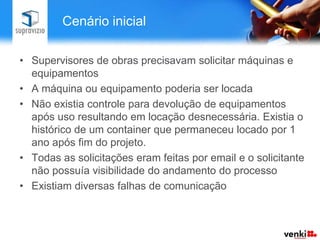 Cenário inicial

• Supervisores de obras precisavam solicitar máquinas e
  equipamentos
• A máquina ou equipamento poderia ser locada
• Não existia controle para devolução de equipamentos
  após uso resultando em locação desnecessária. Existia o
  histórico de um container que permaneceu locado por 1
  ano após fim do projeto.
• Todas as solicitações eram feitas por email e o solicitante
  não possuía visibilidade do andamento do processo
• Existiam diversas falhas de comunicação
 