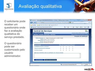 Avaliação qualitativa


O solicitante pode
receber um
questionário onde
faz a avaliação
qualitativa do
serviço prestado.

O questionário
pode ser
customizado pelo
usuário
administrador.
 