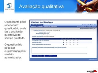 Avaliação qualitativa


O solicitante pode
receber um
questionário onde
faz a avaliação
qualitativa do
serviço prestado.

O questionário
pode ser
customizado pelo
usuário
administrador.
 