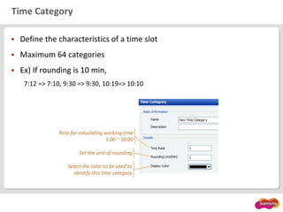 Time Category
 Define the characteristics of a time slot
 Maximum 64 categories
 Ex) If rounding is 10 min,
7:12 => 7:10, 9:30 => 9:30, 10:19=> 10:10
 