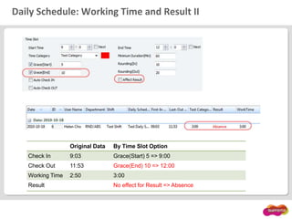 Daily Schedule: Working Time and Result II
Original Data By Time Slot Option
Check In 9:03 Grace(Start) 5 => 9:00
Check Out 11:53 Grace(End) 10 => 12:00
Working Time 2:50 3:00
Result No effect for Result => Absence
 