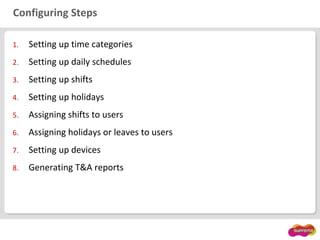 Configuring Steps
1. Setting up time categories
2. Setting up daily schedules
3. Setting up shifts
4. Setting up holidays
5. Assigning shifts to users
6. Assigning holidays or leaves to users
7. Setting up devices
8. Generating T&A reports
 
