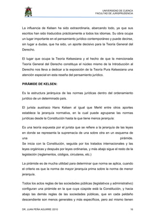 UNIVERSIDAD DE CUENCA
FACULTAD DE JURISPRUDENCIA
DR. JUAN PEÑA AGUIRRE /2010 16
La influencia de Kelsen ha sido extraordinaria, abarcando todo, ya que sus
escritos han sido traducidos prácticamente a todos los idiomas. Su obra ocupa
un lugar importante en el pensamiento jurídico contemporáneo y puede decirse,
sin lugar a dudas, que ha sido, un aporte decisivo para la Teoría General del
Derecho.
El lugar que ocupa la Teoría Kelsesiana y el hecho de que la mencionada
Teoría General del Derecho constituya el núcleo mismo de la Introducción al
Derecho nos lleva a dedicar a la exposición de la Teoría Pura Kelsesiana una
atención especial en esta reseña del pensamiento jurídico.
PIRÁMIDE DE KELSEN:
Es la estructura jerárquica de las normas jurídicas dentro del ordenamiento
jurídico de un determinado país.
El jurista austriaco Hans Kelsen al igual que Merkl entre otros aportes
establece la jerarquía normativa, en la cual puede agruparse las normas
jurídicas desde la Constitución hasta la que tiene menos jerarquía:
Es una teoría expuesta por el jurista que se refiere a la jerarquía de las leyes
en donde se representa la supremacía de una sobre otra en un esquema de
una pirámide.
Se inicia con la Constitución, seguida por los tratados internacionales y las
leyes orgánicas y después por leyes ordinarias, y más abajo sigue el resto de la
legislación (reglamentos, códigos, circulares, etc.)
La pirámide es de mucha utilidad para determinar que norma se aplica, cuando
el criterio es que la norma de mayor jerarquía prima sobre la norma de menor
jerarquía.
Todos los actos reglas de las sociedades públicas (legislativos y administrativo)
configuran una pirámide en la que cuya cúspide está la Constitución, y hacia
abajo las demás reglas de las sociedades públicas, que en cada peldaño
descendiente son menos generales y más específicos, pero así mismo tienen
 