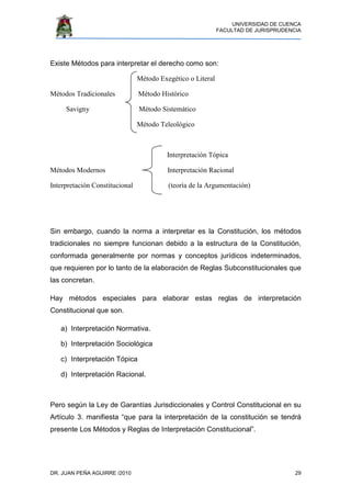 UNIVERSIDAD DE CUENCA
FACULTAD DE JURISPRUDENCIA
DR. JUAN PEÑA AGUIRRE /2010 29
Existe Métodos para interpretar el derecho como son:
Método Exegético o Literal
Métodos Tradicionales Método Histórico
Savigny Método Sistemático
Método Teleológico
Interpretación Tópica
Métodos Modernos Interpretación Racional
Interpretación Constitucional (teoría de la Argumentación)
Sin embargo, cuando la norma a interpretar es la Constitución, los métodos
tradicionales no siempre funcionan debido a la estructura de la Constitución,
conformada generalmente por normas y conceptos jurídicos indeterminados,
que requieren por lo tanto de la elaboración de Reglas Subconstitucionales que
las concretan.
Hay métodos especiales para elaborar estas reglas de interpretación
Constitucional que son.
a) Interpretación Normativa.
b) Interpretación Sociológica
c) Interpretación Tópica
d) Interpretación Racional.
Pero según la Ley de Garantías Jurisdiccionales y Control Constitucional en su
Artículo 3. manifiesta “que para la interpretación de la constitución se tendrá
presente Los Métodos y Reglas de Interpretación Constitucional”.
 