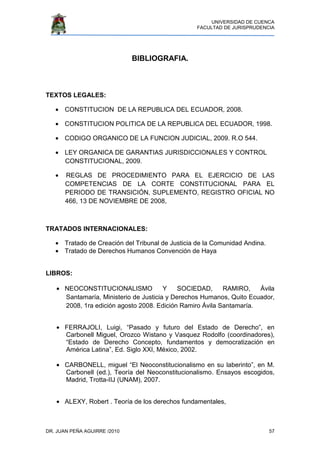 UNIVERSIDAD DE CUENCA
FACULTAD DE JURISPRUDENCIA
DR. JUAN PEÑA AGUIRRE /2010 57
BIBLIOGRAFIA.
TEXTOS LEGALES:
• CONSTITUCION DE LA REPUBLICA DEL ECUADOR, 2008.
• CONSTITUCION POLITICA DE LA REPUBLICA DEL ECUADOR, 1998.
• CODIGO ORGANICO DE LA FUNCION JUDICIAL, 2009. R.O 544.
• LEY ORGANICA DE GARANTIAS JURISDICCIONALES Y CONTROL
CONSTITUCIONAL, 2009.
• REGLAS DE PROCEDIMIENTO PARA EL EJERCICIO DE LAS
COMPETENCIAS DE LA CORTE CONSTITUCIONAL PARA EL
PERIODO DE TRANSICIÓN, SUPLEMENTO, REGISTRO OFICIAL NO
466, 13 DE NOVIEMBRE DE 2008,
TRATADOS INTERNACIONALES:
• Tratado de Creación del Tribunal de Justicia de la Comunidad Andina.
• Tratado de Derechos Humanos Convención de Haya
LIBROS:
• NEOCONSTITUCIONALISMO Y SOCIEDAD, RAMIRO, Ávila
Santamaría, Ministerio de Justicia y Derechos Humanos, Quito Ecuador,
2008, 1ra edición agosto 2008. Edición Ramiro Ávila Santamaría.
• FERRAJOLI, Luigi, “Pasado y futuro del Estado de Derecho”, en
Carbonell Miguel, Orozco Wistano y Vasquez Rodolfo (coordinadores),
“Estado de Derecho Concepto, fundamentos y democratización en
América Latina”, Ed. Siglo XXI, México, 2002.
• CARBONELL, miguel “El Neoconstitucionalismo en su laberinto”, en M.
Carbonell (ed.), Teoría del Neoconstitucionalismo. Ensayos escogidos,
Madrid, Trotta-IIJ (UNAM), 2007.
• ALEXY, Robert . Teoría de los derechos fundamentales,
 