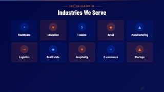 SECTOR EXPERTISE
Industries We Serve
+
Healthcare
★
Education
$
Finance
◆
Retail
▲
Manufacturing
→
Logistics
◆
Real Estate
★
Hospitality
+
E-commerce
▲
Startups
 