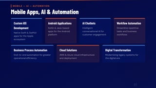MOBILE — AI — AUTOMATION
Mobile Apps, AI & Automation
Custom iOS
Development
Native Swift & SwiftUI
apps for the Apple
ecosystem
Android Applications
Kotlin & Java-based
apps for the Android
platform
AI Chatbots
Intelligent
conversational AI for
customer engagement
Workflow Automation
Streamline repetitive
tasks and business
workflows
Business Process Automation
End-to-end automation for greater
operational efficiency
Cloud Solutions
AWS & Azure cloud infrastructure
and deployment
Digital Transformation
Modernizing legacy systems for
the digital era
 