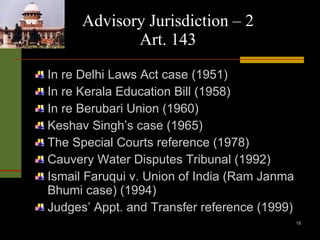 Advisory Jurisdiction – 2 Art. 143 In re Delhi Laws Act case (1951) In re Kerala Education Bill (1958) In re Berubari Union (1960) Keshav Singh’s case (1965) The Special Courts reference (1978) Cauvery Water Disputes Tribunal (1992) Ismail Faruqui v. Union of India (Ram Janma Bhumi case) (1994) Judges’ Appt. and Transfer reference (1999) 