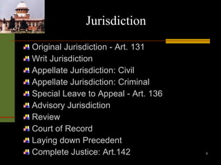 Jurisdiction Original Jurisdiction - Art. 131 Writ Jurisdiction Appellate Jurisdiction: Civil Appellate Jurisdiction: Criminal Special Leave to Appeal - Art. 136 Advisory Jurisdiction Review Court of Record Laying down Precedent  Complete Justice: Art.142 
