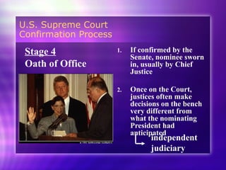 U.S. Supreme Court
Confirmation Process
1. If confirmed by the
Senate, nominee sworn
in, usually by Chief
Justice
2. Once on the Court,
justices often make
decisions on the bench
very different from
what the nominating
President had
anticipated
Stage 4
Oath of Office
independent
judiciary
 