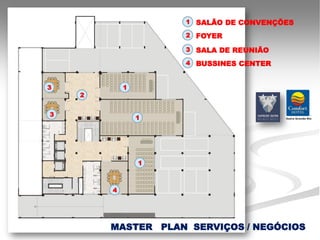 1 SALÃO DE CONVENÇÕES

                    2 FOYER

                    3 SALA DE REUNIÃO

                    4 BUSSINES CENTER


3           1
    2


3
                1




                1



        4




        MASTER PLAN SERVIÇOS / NEGÓCIOS
 