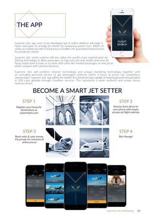 Supreme Jets Marketing 13
Supreme Jets’ app soon to be developed app & online platform will make it
faster and easier to arrange jet charter by comparing quotes from 1000’s of
safety accredited aircraft to bring luxury travellers the guaranteed lowest prices
for private jet charter.
Supreme Jets’ smart systems will also utilise the world‘s most sophisticated Jet
Sharing technology to allow passengers to hop onto jets that would otherwise be
flying empty back to base or to share with other like minded passengers at seat prices
which compare with commercial prices.
Supreme Jets will combine smarter technology and unique marketing technology together with
an unrivalled personal service to get passengers airborne within 3 hours at prices our competitors
cannot match. Supreme Jets’ app will be the world‘s first private jet app capable of booking ground transportation
in 150 cities globally through chauffeur services. This represents a wider audience and unique bonus
revenue stream.
BECOME A SMART JET SETTER
STEP 1 STEP 2
STEP 3 STEP 4
Register your favourite
destinations at
supremejets.com
Receive texts direct to
your phone with empty
private jet flight matches
Book seats & save money.
Fly private for commercial
airline prices!
Bon Voyage!
FLIGHT
SEARCH
THE APP
 