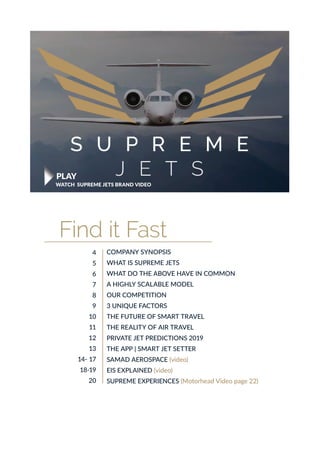 Find it Fast
WATCH SUPREME JETS BRAND VIDEO
COMPANY SYNOPSIS
WHAT IS SUPREME JETS
WHAT DO THE ABOVE HAVE IN COMMON
A HIGHLY SCALABLE MODEL
OUR COMPETITION
3 UNIQUE FACTORS
THE FUTURE OF SMART TRAVEL
THE REALITY OF AIR TRAVEL
PRIVATE JET PREDICTIONS 2019
THE APP | SMART JET SETTER
SAMAD AEROSPACE (video)
EIS EXPLAINED (video)
SUPREME EXPERIENCES (Motorhead Video page 22)
4
5
6
7
8
9
10
11
12
13
14- 17
18-19
20
PLAY
 
