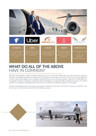 6 Supreme Jets Marketing
FACEBOOK
The world’s most
popular media
owner creates no
content.
UBER
The world’s largest
taxi company owns
no vehicles.
ALIBABA
The world’s most
valuable retailer has
no inventory.
AIRBNB
The world’s largest
accommodation
provider owns no
property.
SUPREME JETS
The world’s newest
jet
charter tech
company
owns no planes.
All these technologies enable existing infrastructure to be used more efficiently. They all control the interface
between the global consumer & provider of the goods or services but carry none of the costs of providing the
service. New technologies have radically improved efficiency & returned massive rewards to shareholders of
knowledge-intensive companies. Breakthrough technologies are fundamentally changing the game of creating
wealth & new global knowledge-based economies, founded on intellectual capital, are emerging.
The UK’s knowledge-based economy is growing at 4 times the rate of the rest of the economy, up 18.4% in the
last 5 years, in contrast to just 4.6% for the wider economy.
WHAT DO ALL OF THE ABOVE
HAVE IN COMMON?
 
