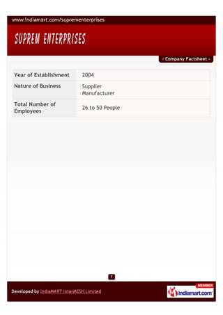 - Company Factsheet -


Year of Establishment   2004

Nature of Business      Supplier
                        Manufacture...