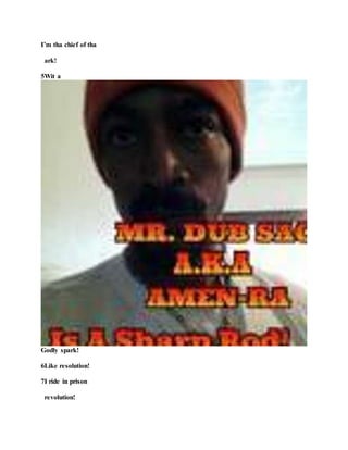 I’m tha chief of tha
ark!
5Wit a
Godly spark!
6Like resolution!
7I ride in prison
revolution!
 