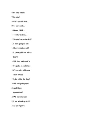 6It’s tray times!
7On mine!
8So it’s cosmic Will…
9Foe yo! scrill…
10Down 2 kill…
11To stay as real…
12So you know tha deal!
13I push gangsta oil!
14Over Africian soil!
15I sport gold and silver
link’s!
16Wit furs and mink’s!
17Forget a coccathrice!
18Crow twice chiccens
crow twice!
19Like rollin tha dice!
20Wit tha potoghiest!
21And these
spindoctors!
22Wil out stop ya!
23I put a load up tech!
24At yo! Apex’s!
 