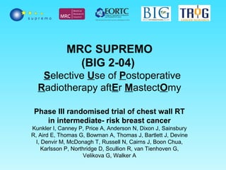 MRC SUPREMO
(BIG 2-04) 
  Selective Use of Postoperative 
Radiotherapy aftEr MastectOmy
Phase III randomised trial of chest wall RT
in intermediate- risk breast cancer
Kunkler I, Canney P, Price A, Anderson N, Dixon J, Sainsbury 
R, Aird E, Thomas G, Bowman A, Thomas J, Bartlett J, Devine 
I, Denvir M, McDonagh T, Russell N, Cairns J, Boon Chua, 
Karlsson P, Northridge D, Scullion R, van Tienhoven G, 
Velikova G, Walker A
    
 