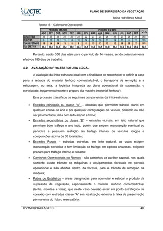 PLANO DE SUPRESSÃO DA VEGETAÇÃO
Usina Hidrelétrica Mauá
DVMA/DPRA/LACTEC 40
Tabela 15 – Calendário Operacional
AGO SET OUT NOV DEZ JAN FEV MAR ABR MAI JUN JUL AGO SET
DIAS ÚTEIS 26 25 26 24 25 24 22 27 23 25 26 27 26 24 350
CHUVAS 8 11 12 11 14 16 14 12 10 13 14 11 8 11 165
DIAS EFETIVOS 18 14 14 13 11 8 8 15 13 12 12 16 18 13 185
(%) EFETIVA 69,2 56,0 53,8 54,2 44,0 33,3 36,4 55,6 56,5 48,0 46,2 59,3 69,2 54,2 52,9
PERÍODO EM 2009 PERÍODO EM 2010
TOTAL
Portanto, serão 350 dias úteis para o período de 14 meses, sendo potencialmente
efetivos 185 dias de trabalho.
4.2 AVALIAÇÃO INFRA-ESTRUTURA LOCAL
A avaliação da infra-estrutura local tem a finalidade de reconhecer e definir a base
para a retirada do material lenhoso comercializável, o transporte de remoção e a
estocagem, ou seja, a logística integrada ao plano operacional da supressão, o
corte/abate, traçamento/recorte e preparo da madeira (material lenhoso).
Este processo classificou os seguintes componentes da infra-estrutura:
• Estradas principais ou classe “A” – estradas que permitem trânsito plano em
qualquer época do ano e por qualquer configuração de veículo, podendo ou não
ser pavimentada, mas com leito amplo e firme;
• Estradas secundárias ou classe “B” – estradas vicinais, em leito natural que
permitem bom tráfego o ano todo, porém que exigem manutenção eventual ou
periódica e possuem restrição ao tráfego intenso de veículos longos e
composições acima de 30 toneladas;
• Estradas Rurais – estradas estreitas, em leito natural, as quais exigem
manutenção periódica e tem limitação de tráfego em épocas chuvosas, exigindo
preparo para tráfego intenso e pesado;
• Caminhos Operacionais ou Ramais - são caminhos de caráter sazonal, nos quais
somente existe trânsito de máquinas e equipamentos florestais no período
operacional e são abertos dentro da floresta, para o trânsito de remoção da
madeira;
• Pátios ou Estaleiros – áreas designadas para acumular e estocar o produto da
supressão da vegetação, especialmente o material lenhoso comercializável
(lenha, moirões e toras), que neste caso deverão estar em ponto estratégico de
conexão com estradas classe “A” em localização externa à faixa de preservação
permanente do futuro reservatório;
 