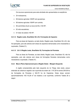 PLANO DE SUPRESSÃO DA VEGETAÇÃO
Usina Hidrelétrica Mauá
DVMA/DPRA/LACTEC 58
Os recursos operacionais para esta atividade são apresentados na seqüência:
• 24 motosserras;
• 06 tratores agrícolas 120HP com grua/pinça;
• 06 tratores agrícolas 100HP com carreta;
• 06 caminhões (truck ou toco) de 90 a 130 HP;
• 02 retro-escadeiras;
• 01 trator de esteira 140 HP.
4.4.1.4 Região Leste, Área/Setor 02 e 03, Formações de Capoeira
Para as áreas de Capoeira, ao lado direito, Região Leste, Área/Setor 02 e 03, não
há operações, pois são setores sem áreas de capoeiras demarcadas como necessárias a
supressão. (Tabela 21).
4.4.1.5 3.8.1.5 Região Leste, Área/Setor 03, Formações de Florestas
Para as áreas de Florestas, ao lado direito, Região Leste, Área/Setor 03, não há
operações, pois são setores sem áreas de formações florestais demarcadas como
necessárias a supressão. (Tabela 21).
4.4.2 Macro Plano Operacional para a Região Oeste – Margem Esquerda
A região compreendida pelo lado esquerdo do rio Tibagi, lado oeste, possui
extensão de cobertura vegetal a ser suprimida da ordem de 1.147,28 ha sendo 204,58 ha
de formações de Florestas e 942,70 ha de Capoeiras. Estas áreas somam
aproximadamente 145.115,28 m
3
de madeira a ser suprimida, conforme Tabela 28 a
seguir.
 