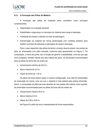 PLANO DE SUPRESSÃO DA VEGETAÇÃO
Usina Hidrelétrica Mauá
DVMA/DPRA/LACTEC 70
4.5.1 A Formação das Pilhas de Madeira
A formação das pilhas de madeiras deve considerar como principais
condicionantes:
• Organização na ocupação espacial;
• Estabilidade e segurança no manuseio do material para carga e descarga;
• Facilidade de acesso e trânsito na área de estocagem;
• Conservação do material em forma padronizada com medidas estáveis para
facilitar controles de estoques e operações de carga e descarga.
Para o caso específico das pilhas de lenha o arranjo deverá possuir nas pontas da
pilha as amarrações com pilha tramada, conforme está apresentado na Figura 7. Tal
composição, a trama de ponta, tem a função de garantir a estabilidade, uma vez que age
como anteparo, também devido aos dois esteios de apoio. As dimensões recomendadas
para as pilhas de lenha são da ordem de:
• Comprimento máximo de 40,0 m;
• Altura máxima de 2,0 m;
• Peças de lenha de 1,20 m.
As pilhas de toras podem seguir a mesma configuração, mas não há necessidade
de amarração em trama, uma vez que o material é mais estável pela própria dimensão.
Assim, a composição da pilha de toras deverão ter nas pontas três esteios como suporte.
As dimensões recomendadas para as pilhas de toras são da ordem de:
• Comprimento máximo 40,0 m;
• Altura máxima 2,0 m;
• Peças de 2,50 a 4,00 m.
Na Figura 8 a pilha de tora é representada de forma esquemática.
 