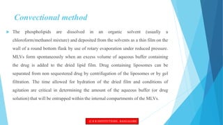 Convectional method
 The phospholipids are dissolved in an organic solvent (usually a
chloroform/methanol mixture) and deposited from the solvents as a thin film on the
wall of a round bottom flask by use of rotary evaporation under reduced pressure.
MLVs form spontaneously when an excess volume of aqueous buffer containing
the drug is added to the dried lipid film. Drug containing liposomes can be
separated from non sequestered drug by centrifugation of the liposomes or by gel
filtration. The time allowed for hydration of the dried film and conditions of
agitation are critical in determining the amount of the aqueous buffer (or drug
solution) that will be entrapped within the internal compartments of the MLVs.
© R R INSTITUTIONS , BANGALORE
 