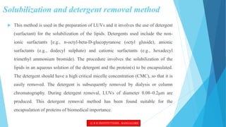 Solubilization and detergent removal method
 This method is used in the preparation of LUVs and it involves the use of detergent
(surfactant) for the solubilization of the lipids. Detergents used include the non-
ionic surfactants [e.g., n-octyl-beta-D-glucopyranose (octyl gluside), anionic
surfactants (e.g., dodecyl sulphate) and cationic surfactants (e.g., hexadecyl
trimethyl ammonium bromide). The procedure involves the solubilization of the
lipids in an aqueous solution of the detergent and the protein(s) to be encapsulated.
The detergent should have a high critical micelle concentration (CMC), so that it is
easily removed. The detergent is subsequently removed by dialysis or column
chromatography. During detergent removal, LUVs of diameter 0.08–0.2μm are
produced. This detergent removal method has been found suitable for the
encapsulation of proteins of biomedical importance.
© R R INSTITUTIONS , BANGALORE
 