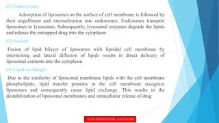 (2) Endocytosis:
Adsorption of liposomes on the surface of cell membrane is followed by
their engulfment and internalization into endosomes. Endosomes transport
liposomes to lysosomes. Subsequently, lysosomal enzymes degrade the lipids
and release the entrapped drug into the cytoplasm
(3) Fusion:
Fusion of lipid bilayer of liposomes with lipoidal cell membrane by
intermixing and lateral diffusion of lipids results in direct delivery of
liposomal contents into the cytoplasm
(4) Lipid exchange:
Due to the similarity of liposomal membrane lipids with the cell membrane
phospholipids, lipid transfer proteins in the cell membrane recognize
liposomes and consequently cause lipid exchange. This results in the
destabilization of liposomal membranes and intracellular release of drug
© R R INSTITUTIONS , BANGALORE
 