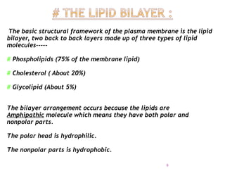 The basic structural framework of the plasma membrane is the lipid
bilayer, two back to back layers made up of three types of lipid
molecules-----
# Phospholipids (75% of the membrane lipid)
# Cholesterol ( About 20%)
# Glycolipid (About 5%)
The bilayer arrangement occurs because the lipids are
Amphipathic molecule which means they have both polar and
nonpolar parts.
The polar head is hydrophilic.
The nonpolar parts is hydrophobic.
9
 