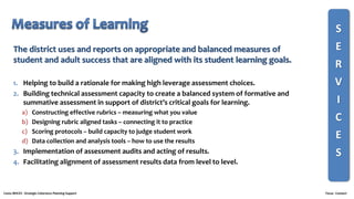 1. Helping to build a rationale for making high leverage assessment choices.
2. Building technical assessment capacity to create a balanced system of formative and
summative assessment in support of district’s critical goals for learning.
a) Constructing effective rubrics – measuring what you value
b) Designing rubric aligned tasks – connecting it to practice
c) Scoring protocols – build capacity to judge student work
d) Data collection and analysis tools – how to use the results
3. Implementation of assessment audits and acting of results.
4. Facilitating alignment of assessment results data from level to level.
S
E
R
V
I
C
E
S
The district uses and reports on appropriate and balanced measures of
student and adult success that are aligned with its student learning goals.
Costa /BOCES - Strategic Coherence Planning Support Focus - Connect
 