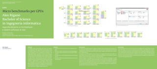 Scuola universitaria professionale della Svizzera italiana
Dipartimento tecnologie innovative




Micro benchmarks per GPUs
Alex Rigano
Bachelor of Science
in Ingegneria informatica                                                                                                                                                                                                                                                                                            Fig. 4. Tool di trasformazione per elementi GPU
                                                                                                                                                                   Fig. 1. Filter Bank, versione sequenziale


Approfondimento in Architetture
e sistemi software di rete
Relatore: Tiziano Leidi
Correlatore: Loris Grossi
Partner industriale: Istituto CIMSI, SUPSI-DTI, CH-6928 Manno (TI)

                                                                                                                                                      Fig. 2. Filter Bank, versione ad eventi                                                                             Fig. 3. Filter Bank, versione multi processore




Alex Rigano                                                  Abstract                                                       Obiettivi                                                                          Descrizione                                                                                                   Conclusioni
alex.83@bluewin.ch                                           Il progetto “Micro benchmarks per GPUs” ha l’obietti-          ◆◆ Utilizzare un tool che sfrutta un modello astratto                              Il compito principale di questo progetto consiste nella trasformazione di applicazio-                         È stata sviluppata con successo la versione GPU della prima applicazione conside-
                                                             vo di sviluppare delle applicazioni nell’ambiente creato          EMF.                                                                            ni sequenziali sviluppate in C in applicazioni GPU all’interno dell’ambiente proposto,                        rata, Filter Bank, così come le sue versioni intermedie. È stato effettuato il bench-
                                                             dall’Istituto CIMSI, che siano in grado di realizzare stre-    ◆◆ Esercitarsi nelle conoscenze di base del linguaggio C.                          nell’evidenziare eventuali carenze di quest’ultimo, eseguire dei benchmark e valuta-                          marking, dal quale risulta che mentre l’applicazione originale impiega circa 227 se-
                                                             am-processing su GPU e misurarne le prestazioni. Per           ◆◆ Esercitarsi nelle conoscenze per lo sviluppo di appli-                          re i risultati ottenuti.                                                                                      condi, la versione multi processore impiega 64 secondi e quella GPU addirittura 24
                                                             raggiungere questo obiettivo è richiesto lo sviluppo di           cazioni.                                                                        Il processo di trasformazione è stato diviso in tre tappe intermedie prima dello svi-                         secondi. Inoltre sono stati portati a termine con ottimi risultati tutti gli obiettivi
                                                             tutte le tappe intermedie della trasformazione, parten-        ◆◆ Esercitarsi nei concetti legati all’esecuzione parallela                        luppo della versione GPU: una prima versione sequenziale, una seconda versione a                              inerenti il tool di trasformazioni, che permette ora di sviluppare in maniera semi-
                                                             do dalla versione sequenziali sino ad arrivare alla versio-       su GPU.                                                                         eventi e una terza versione a eventi e multi processore.                                                      automatica le applicazioni GPU.
                                                             ne coprocessore. Una volta ottenute tutte le versioni ri-      ◆◆ Esercitarsi nell’attività di benchmarking d’infrastrut-                         Infine è previsto lo sviluppo di una versione GPU sfruttando il linguaggio C-CUDA
                                                             chieste è prevista una fase di benchmarking ove provare           tura software.                                                                  per GPU nVidia e una fase di benchmarking di tutte le versioni sviluppate. I compiti
                                                             l’effettivo miglioramento di prestazioni della versione                                                                                           aggiuntivi del progetto riguardano la revisione e l’ampliamento della parte dell’am-
                                                             GPU comparato con le precedenti versioni. Inoltre il pro-                                                                                         biente che si occupa delle trasformazioni semi-automatiche, così come l’introduzione
                                                             getto prevede di revisionare, ampliare e innovare il tool di                                                                                      di nuove procedure di trasformazione atte soprattutto a facilitare lo sviluppo di ap-
                                                             trasformazione integrato nell’ambiente in modo da faci-                                                                                           plicazioni per stream processing su GPUs.
                                                             litare il successivo sviluppo di applicazioni GPU.
 