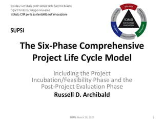 The Six-Phase Comprehensive
Project Life Cycle Model
Including the Project
Incubation/Feasibility Phase and the
Post-Project Evaluation Phase
Russell D. Archibald
SUPSI March 20, 2013 1
 