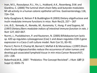 • Inan, M.S., Rasoulpour, R.J., Yin, L., Hubbard, A.K., Rosenberg, D.W. and
Giardina, C. (2000) The luminal short-chain fatty acid butyrate modulates
NF-κB activity in a human colonic epithelial cell line. Gastroenterology 118,
724–734.
• Kelly-Quagliana K, Nelson P & Buddington R (2003) Dietary oligofructose and
inulin modulate immune functions in mice. Nutr Res23, 257 – 267
• Lim, B.O., Yamada, K., Nonaka, M., Kuramoto, Y., Hung, P. and Sugano, M.
(1997) Dietary fibers modulate indices of intestinal immune function in rats. J
Nutr 127, 663–667.
• Nurmi, J., Puolakkainen, P. and Rautonen, N. (2005) Bifidobacterium lactis
sp. 420 up-regulates cylooxygenase (Cox) 1 and down-regulates COX-2 gene
expression in a Caco-2 cell culture model. Nutr Can 51, 83–92.
• Pierre F, Perrin P, Champ M, Bornet F, Meflah K & Menanteau J (1997) Short-
chain fructo-oligosaccharides reduce the occurrence of colon tumors and
develop gut-associated lymphoid tissue in min mice.Cancer Research57,
225– 228.
• Roberfroid,M.B., 2007. "Prebiotics: The Concept Revisited". J Nutr. 137 (3
Suppl 2): 830S–7S
 