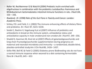 • Roller M, Rechkemmer G & Watzl B (2004) Prebiotic inulin enriched with
oligofructose in combination with the probiotics Lactobacillus rhamnosus and
Bifidobacterium lactismodulates intestinal immune functions in rats. J Nutr134,
153 – 156.
• Rowland, I.R. (1998) Role of the Gut Flora in Toxicity and Cancer. London:
Academic Press.
• Schley, P.D. and Field, C.J. (2002) The immune-enhancing effects of dietary fibres
and prebiotics. Br J Nutr 87, S221–S230.
• Seidel C, Boehm V, Vogelsang H,et al.(2007) Influence of prebiotics and
antioxidants in bread on the immune system, antioxidative status and
antioxidative capacity in male smokersand non-smokers.Br J Nutr97, 349 –356.
• Shadid R, Haarman M, Knol Jet al.(2007) Effects of galactooligosaccharide and
long-chain fructooligosaccharide supplementation during pregnancy on
maternal and neonatal microbiota and immunity – a randomized, double-blind,
placebo-controlled study.Am J Clin Nutr86, 1426– 1437.
• Stillie RM, Bell RC & Field CJ (2005) Diabetes-prone BioBreeding rats do not have
a normal immune response when weaned to a diet containing fermentable
fibre.Br J Nutr93, 645 – 653
 