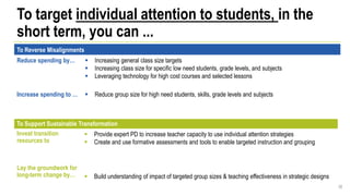 To target individual attention to students, in the
short term, you can ...
38
To Support Sustainable Transformation
Invest transition
resources to
 Provide expert PD to increase teacher capacity to use individual attention strategies
 Create and use formative assessments and tools to enable targeted instruction and grouping
Lay the groundwork for
long-term change by…  Build understanding of impact of targeted group sizes & teaching effectiveness in strategic designs
To Reverse Misalignments
Reduce spending by…  Increasing general class size targets
 Increasing class size for specific low need students, grade levels, and subjects
 Leveraging technology for high cost courses and selected lessons
Increase spending to …  Reduce group size for high need students, skills, grade levels and subjects
 