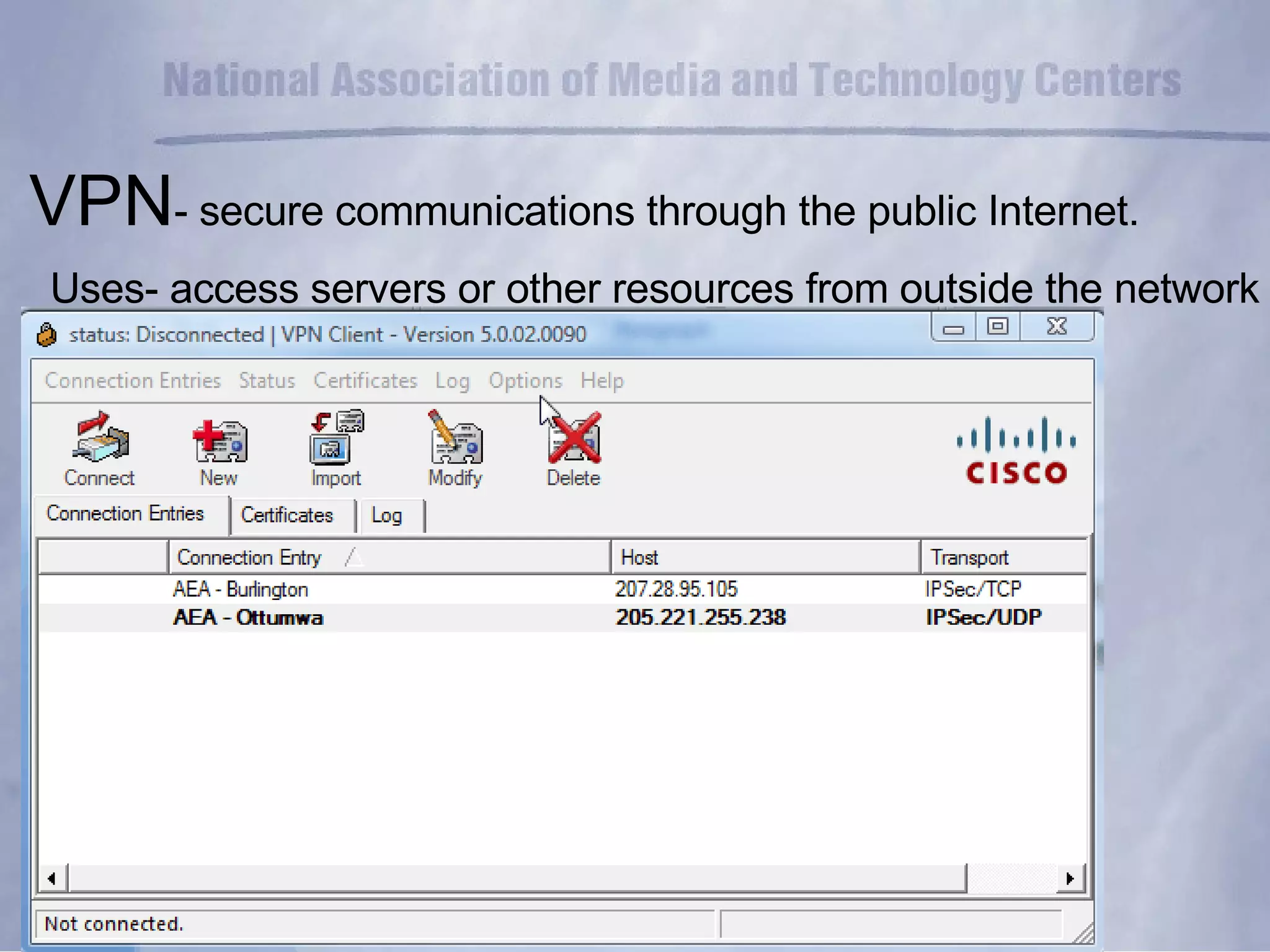 VPN - secure communications through the public Internet. Uses- access servers or other resources from outside the network 