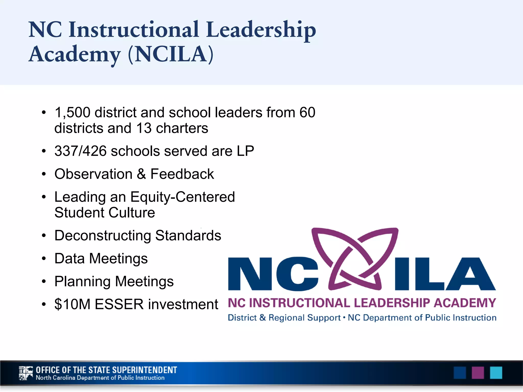 • 1,500 district and school leaders from 60
districts and 13 charters
• 337/426 schools served are LP
• Observation & Feedback
• Leading an Equity-Centered
Student Culture
• Deconstructing Standards
• Data Meetings
• Planning Meetings
• $10M ESSER investment
NC Instructional Leadership
Academy (NCILA)
 