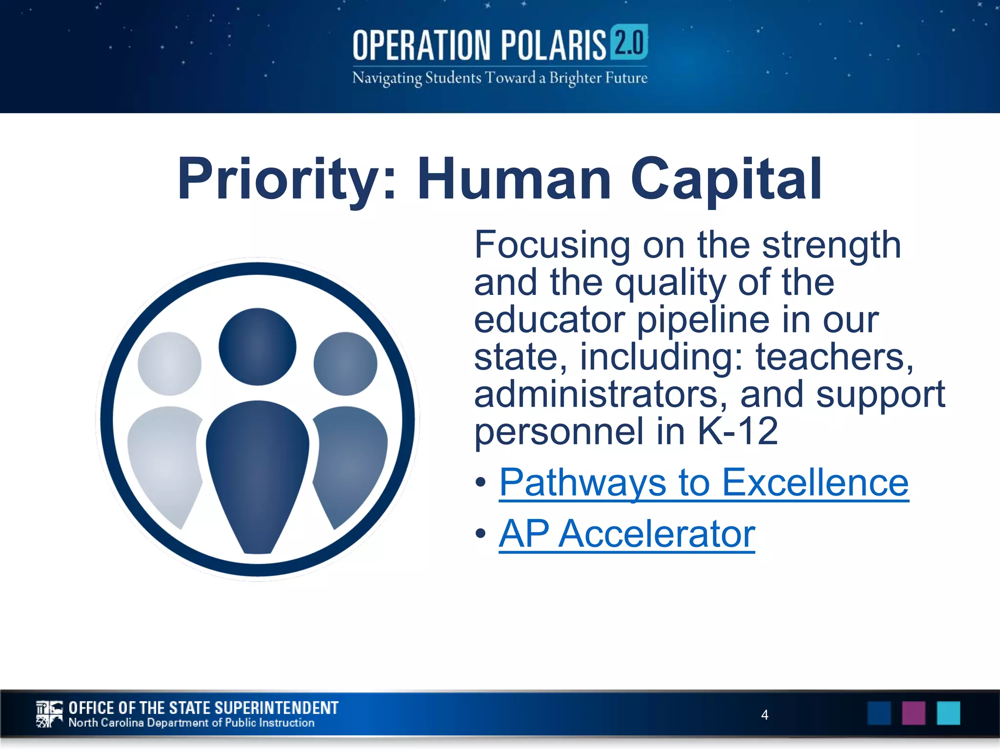 Priority: Human Capital
Focusing on the strength
and the quality of the
educator pipeline in our
state, including: teachers,
administrators, and support
personnel in K-12
• Pathways to Excellence
• AP Accelerator
4
 