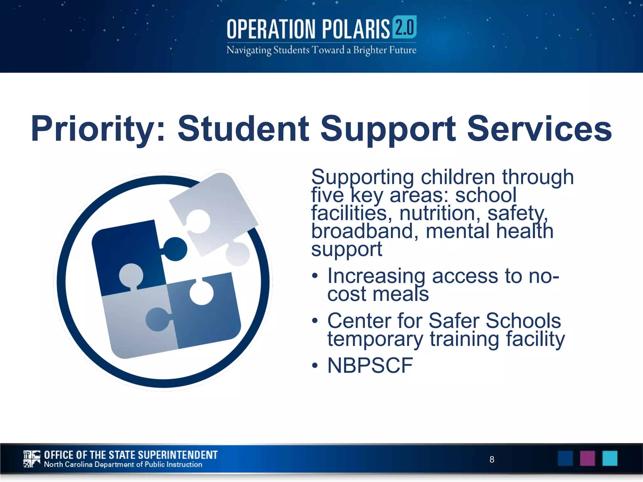 Priority: Student Support Services
Supporting children through
five key areas: school
facilities, nutrition, safety,
broadband, mental health
support
• Increasing access to no-
cost meals
• Center for Safer Schools
temporary training facility
• NBPSCF
8
 