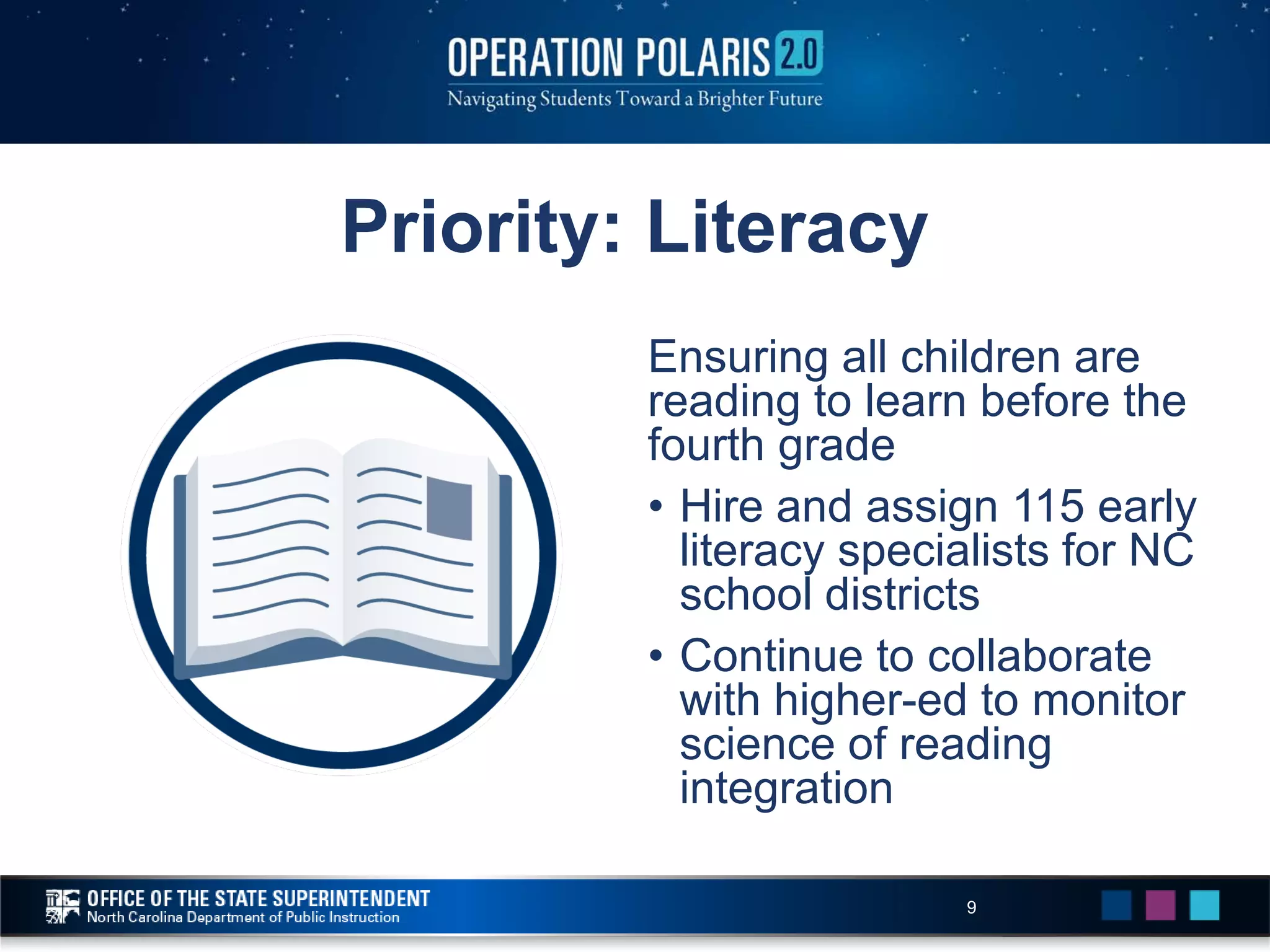Priority: Literacy
Ensuring all children are
reading to learn before the
fourth grade
• Hire and assign 115 early
literacy specialists for NC
school districts
• Continue to collaborate
with higher-ed to monitor
science of reading
integration
9
 