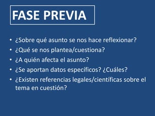 FASE PREVIA
• ¿Sobre qué asunto se nos hace reflexionar?
• ¿Qué se nos plantea/cuestiona?
• ¿A quién afecta el asunto?
• ¿Se aportan datos específicos? ¿Cuáles?
• ¿Existen referencias legales/científicas sobre el
tema en cuestión?