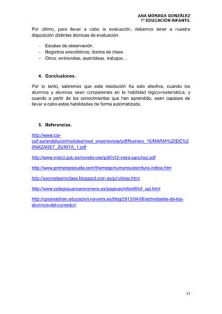 ANA MORAGA GONZÁLEZ
1º EDUCACIÓN INFANTIL
12
Por último, para llevar a cabo la evaluación, debemos tener a nuestra
disposición distintas técnicas de evaluación:
 Escalas de observación.
 Registros anecdóticos, diarios de clase.
 Otros: entrevistas, asambleas, trabajos…
4. Conclusiones.
Por lo tanto, sabremos que esta resolución ha sido efectiva, cuando los
alumnos y alumnas sean competentes en la habilidad lógico-matemática, y
cuando a partir de los conocimientos que han aprendido, sean capaces de
llevar a cabo estas habilidades de forma automatizada.
5. Referencias.
http://www.csi-
csif.es/andalucia/modules/mod_ense/revista/pdf/Numero_15/MARIA%20DE%2
0NAZARET_ZURITA_1.pdf
http://www.mecd.gob.es/revista-cee/pdf/n12-viera-sanchez.pdf
http://www.primeraescuela.com/themesp/numeros/escritura-indice.htm
http://asomateamiclase.blogspot.com.es/p/rutinas.html
http://www.colegiojuancaroromero.es/paginas/infantil/inf_sal.html
http://cpsanadrian.educacion.navarra.es/blog/2012/04/06/actividades-de-los-
alumnos-del-comedor/
 