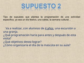 Tipo de supuesto que plantea la programación de una actividad
específica, ya sea un día festivo, una salida, la semana cultural…
Va a realizar, con alumnos de 4 años, una excursión a
una granja.
¿Qué programación haría para antes y después de esta
visita?
¿Qué objetivos desea lograr?
¿Cómo organizaría el día de la mascota en su aula?
 