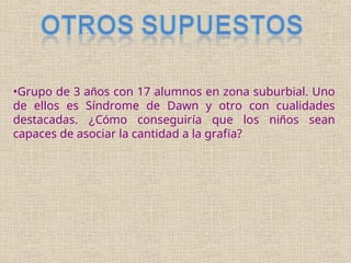 •Grupo de 3 años con 17 alumnos en zona suburbial. Uno
de ellos es Síndrome de Dawn y otro con cualidades
destacadas. ¿Cómo conseguiría que los niños sean
capaces de asociar la cantidad a la grafía?
 