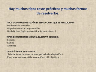 Hay muchos tipos casos prácticos y muchas formas
de resolverlos.
TIPOS DE SUPUESTOS SEGÚN EL TEMA CON EL QUE SE RELACIONAN:
-De desarrollo evolutivo
-Organizativos o de programación
-De didácticas (logicomatemática, lectoescritura…)
TIPOS DE SUPUESTOS SEGÚN A QUIÉN VA DIRIGIDO:
-Escuela
-Familia
-Alumnos
Lo más habitual es encontrar…
- Adaptaciones (acneaes, acnees, periodo de adaptación.)
-Programación (una salida, una sesión o UD, objetivos…)
 