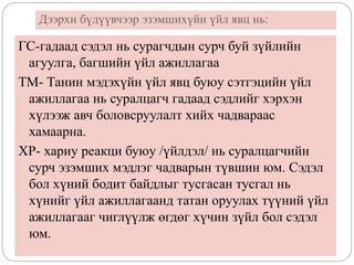 Дээрхи бүдүүвчээр эзэмшихүйн үйл явц нь:
ГС-гадаад сэдэл нь сурагчдын сурч буй зүйлийн
агуулга, багшийн үйл ажиллагаа
ТМ- Танин мэдэхүйн үйл явц буюу сэтгэцийн үйл
ажиллагаа нь суралцагч гадаад сэдлийг хэрхэн
хүлээж авч боловсруулалт хийх чадвараас
хамаарна.
ХР- хариу реакци буюу /үйлдэл/ нь суралцагчийн
сурч эзэмших мэдлэг чадварын түвшин юм. Сэдэл
бол хүний бодит байдлыг тусгасан тусгал нь
хүнийг үйл ажиллагаанд татан оруулах түүний үйл
ажиллагааг чиглүүлж өгдөг хүчин зүйл бол сэдэл
юм.
 